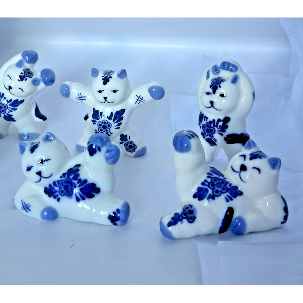 Gzhel Vintage‎ Russian Folk Art Porcelain Cats Blue White Figurine Exercise Yoga - Picture 9 of 16